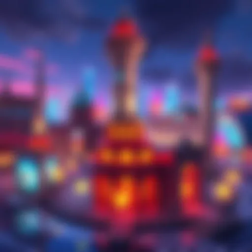 Interactive City Landmarks Illustration of city landmarks with glowing tokens and skill bars, representing interactive abilities.