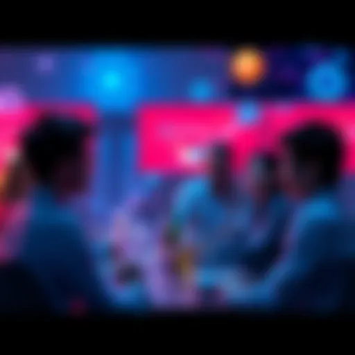 Participants engaging in a conversation about interchain projects and NFTs with visuals of interconnected networks and tokens