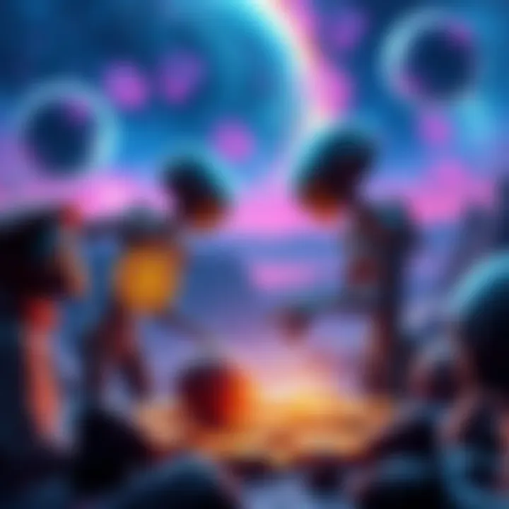 Intergalactic Bitcoin Exchange A futuristic scene depicting humans and aliens exchanging Bitcoin, set against the backdrop of a vibrant cosmic landscape.