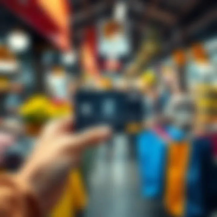 A person holding the InterLink Visa card showing Ethereum logo, with shopping bags in the background at a busy market