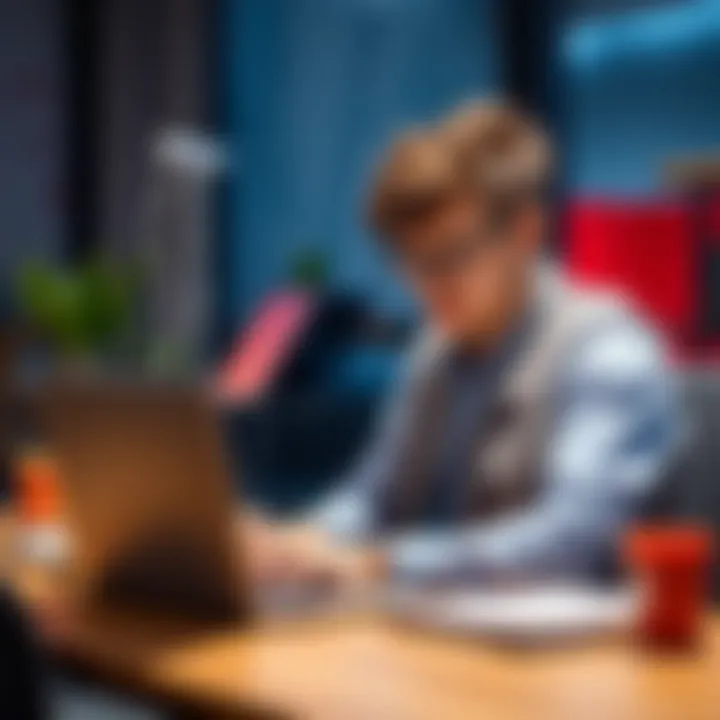 A marketing intern at a desk, looking at a laptop with a thoughtful expression, considering different CMS options like Webflow.