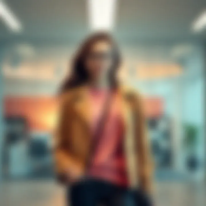 A young intern in a trendy outfit stands confidently in an office setting, showcasing a unique blend of casual and professional style.