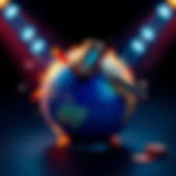 A globe with auction gavel and bid tokens, symbolizing international auctions and challenges for participants abroad.