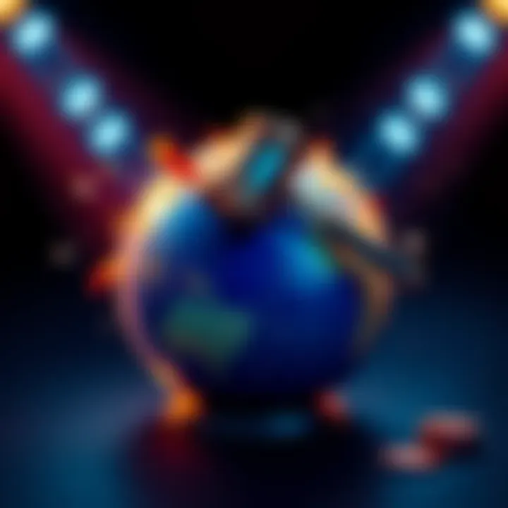 A globe with auction gavel and bid tokens, symbolizing international auctions and challenges for participants abroad.