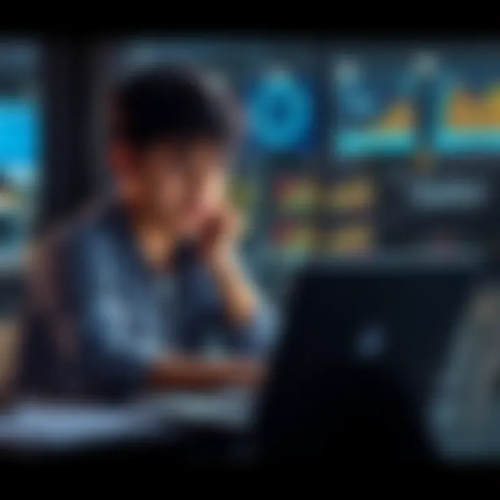 A concerned international student sitting in front of a laptop, looking frustrated and stressed while trying to access their financial account, symbolizing the struggle with compliance issues.