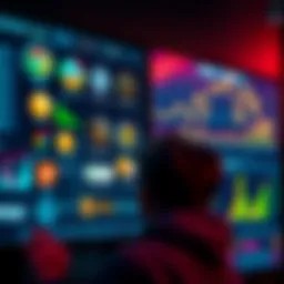 A person examining a display of various internet tokens on a digital screen, with graphs showing trends and investment tips in the background.