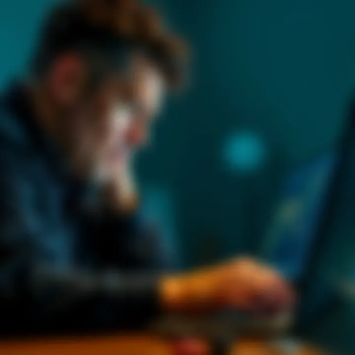 A stressed person looking at a Bitcoin chart on a laptop, with a worried expression, representing the emotional impact of investing on relationships.