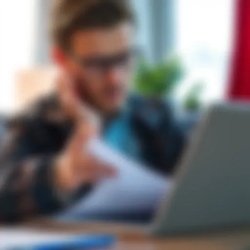A person reviewing documents and articles on a laptop, with an inquisitive expression, symbolizing investigation and skepticism.