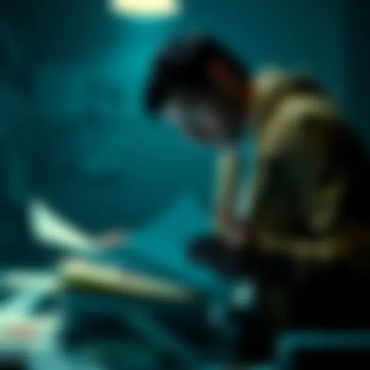 Investigator Analyzing Evidence A detective examining files and clues related to the lone wolf case in a dimly lit room.