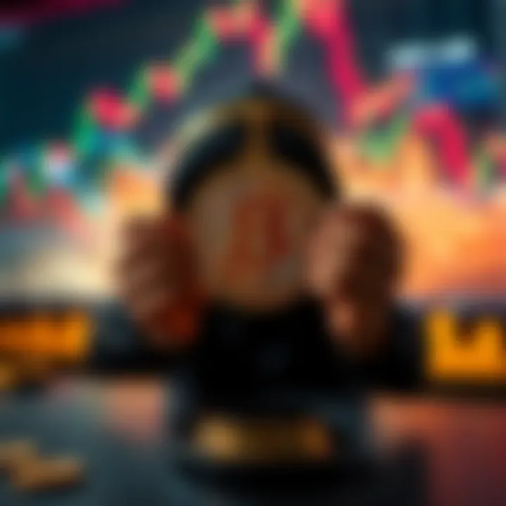 A person weighing options between Bitcoin and cash savings with financial graphs in the background