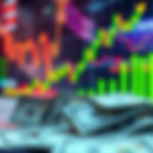 A stock chart showing an upward trend during a bull market with dollar bills in the foreground