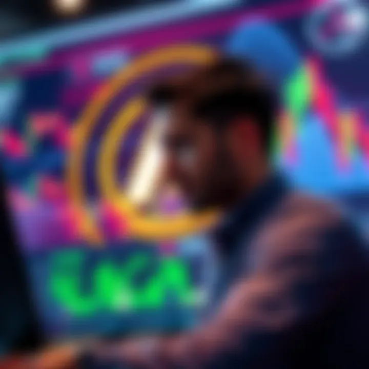 A person analyzing crypto charts with the Algorand logo in the background, symbolizing investment opportunities.