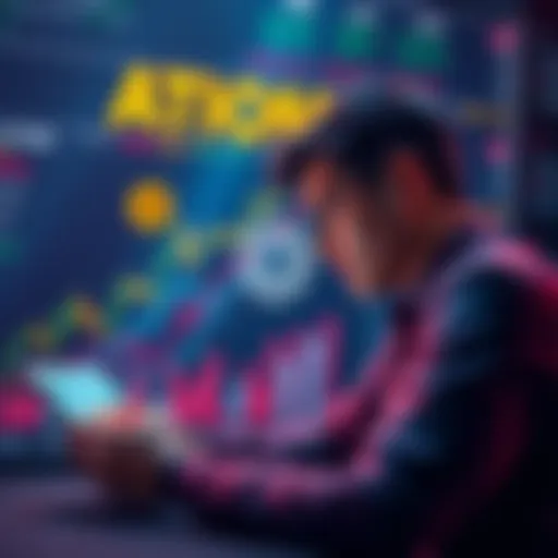 A person analyzing investment charts with ATOM coins featured prominently in the background, showing growth potential.