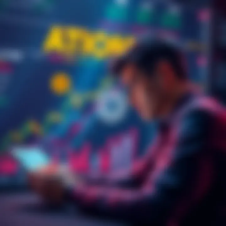A person analyzing investment charts with ATOM coins featured prominently in the background, showing growth potential.