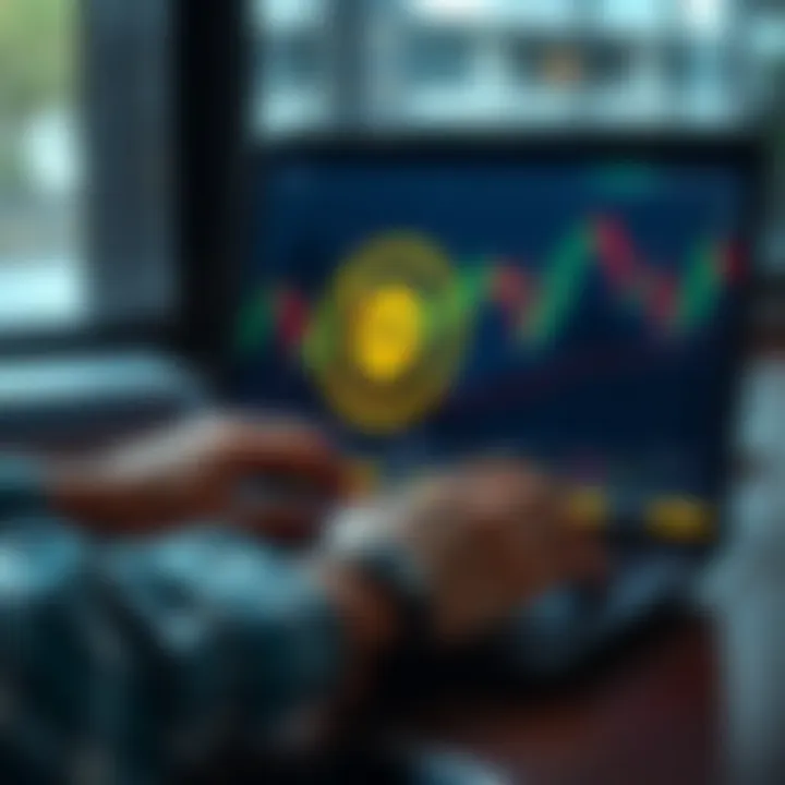 A person analyzing financial charts on a laptop with ATOM coin graphics on the screen