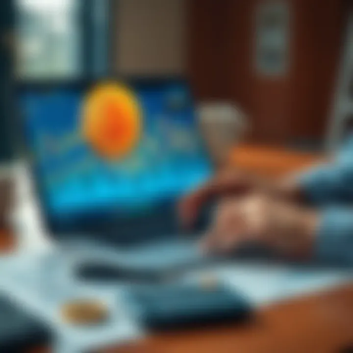 A person analyzing Bitcoin charts on a laptop with financial documents and a calculator on the table