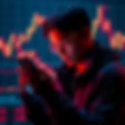 A person examining Bitcoin prices on a smartphone with a graph showing a downward trend in the background.