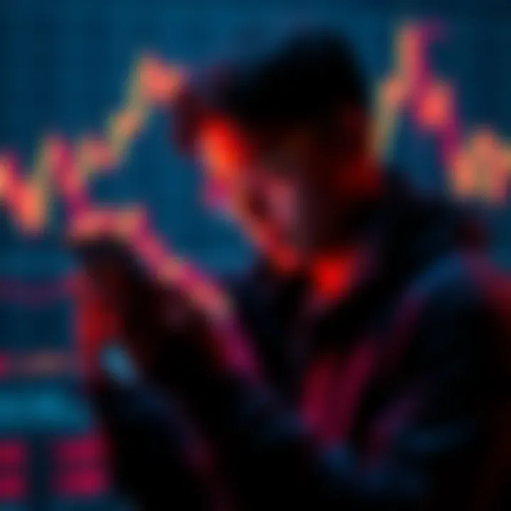 A person examining Bitcoin prices on a smartphone with a graph showing a downward trend in the background.