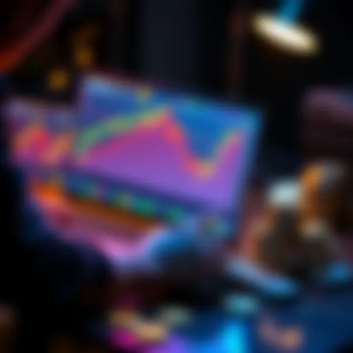 A person analyzing cryptocurrency trends on a laptop with stacks of cash nearby