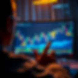 A person analyzing cryptocurrency market charts with Bitcoin and Ethereum symbols on the screen