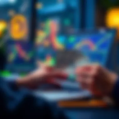 A person analyzing cryptocurrency charts on a laptop while holding dollar bills, representing monthly investment in crypto.