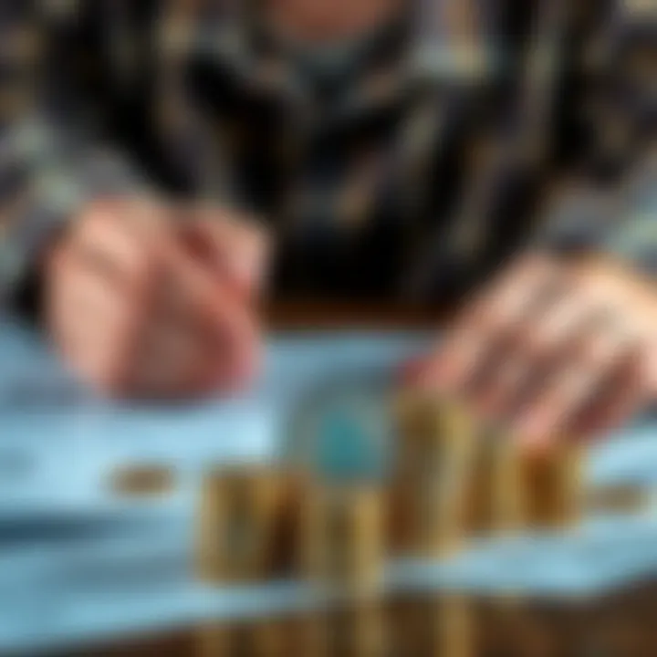 Person cashing out retirement funds to invest in Litecoin with stack of coins and financial documents