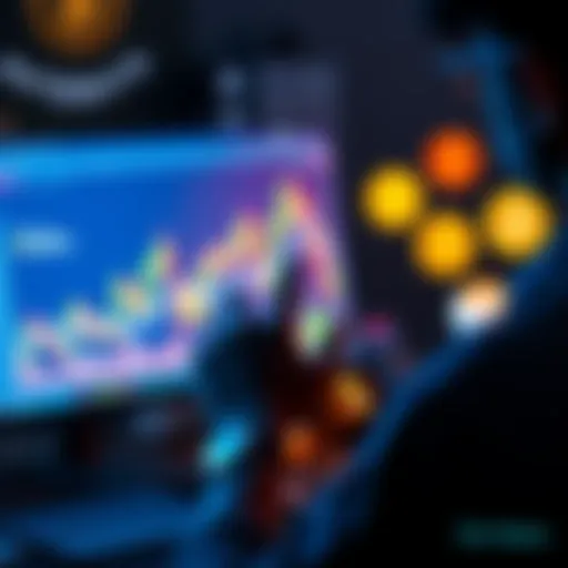 A person analyzing cryptocurrency charts on a computer screen, with various crypto coins displayed around them.