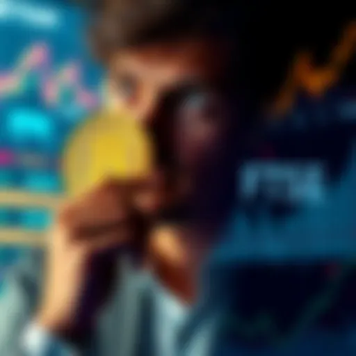 A person contemplating investment choices between Bitcoin and the FTSE World Index, with visual graphics representing both.