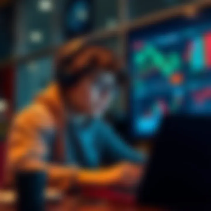 A college student looking at charts on a laptop, considering investments in AI and meme coins.