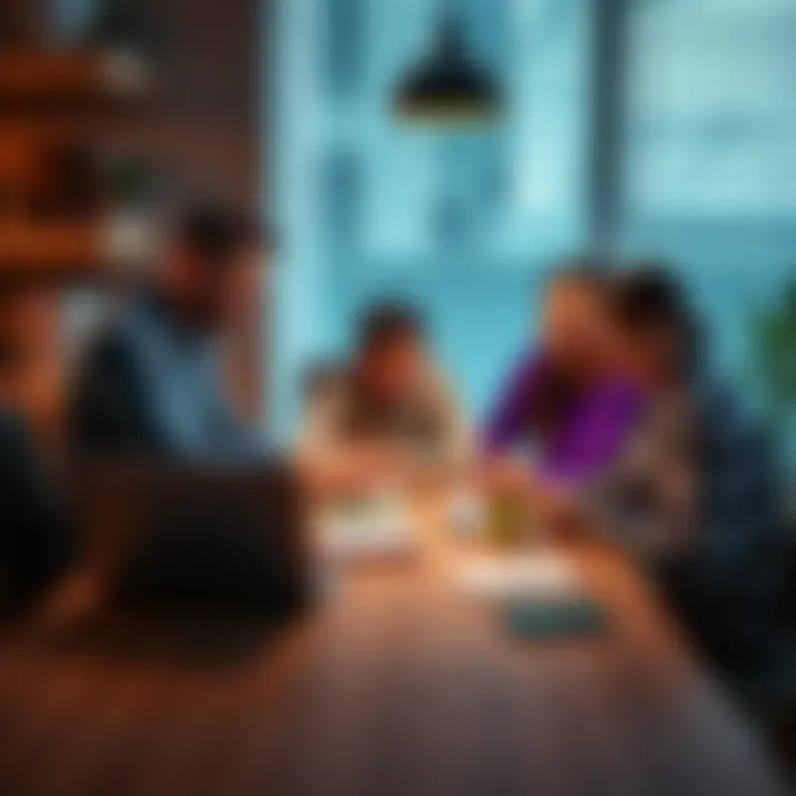 A family discussing investment options around a table with a laptop and notebooks.