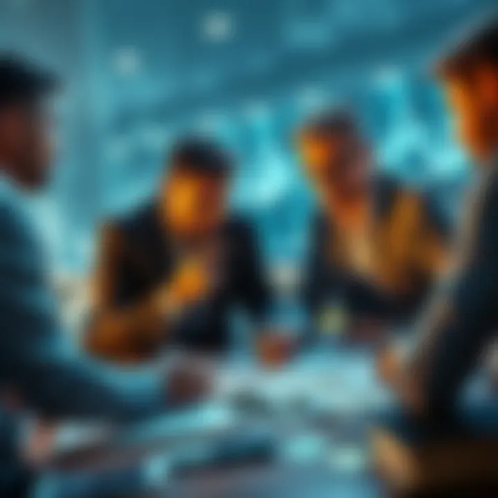 Group of investors discussing financial strategies with charts and money on a table