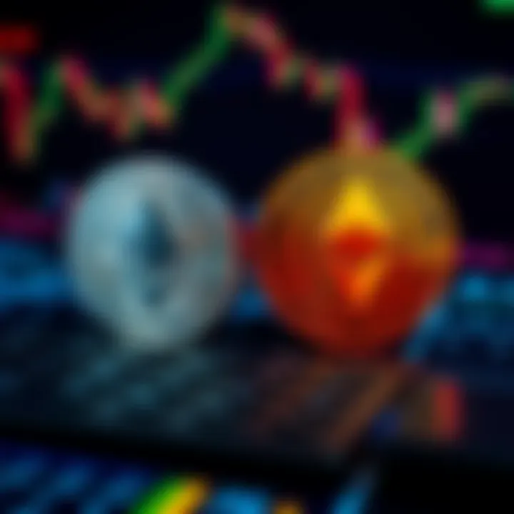 A split image showing Bitcoin and Ethereum logos with a calculator and financial charts