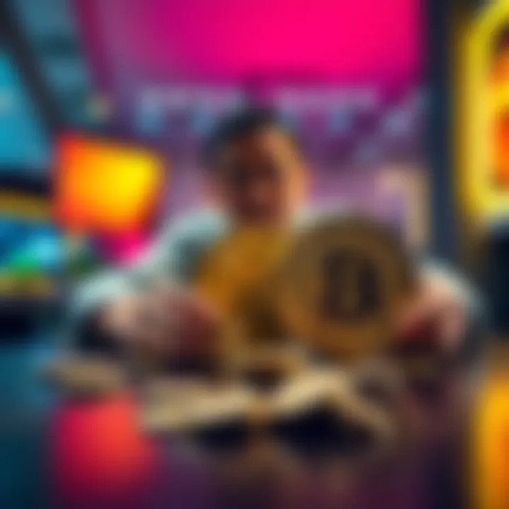 A person sits at a table with Bitcoin and XRP coins, weighing their investment choices