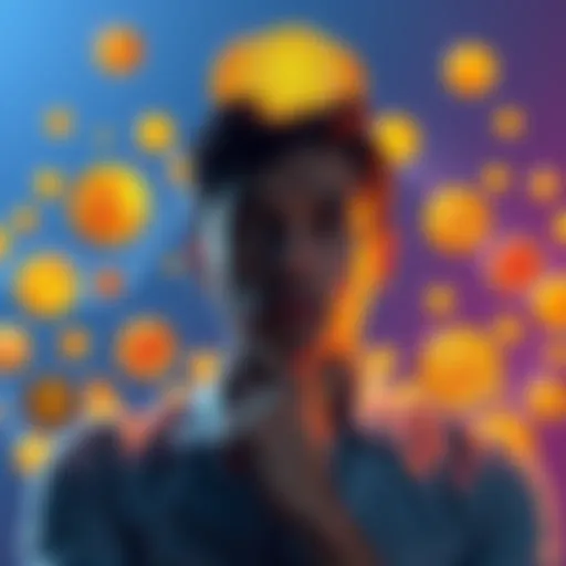 A person contemplating investment options with Bitcoin symbols and various cryptocurrency icons around them.