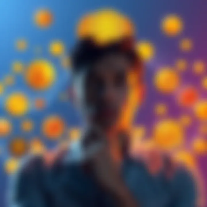 A person contemplating investment options with Bitcoin symbols and various cryptocurrency icons around them.