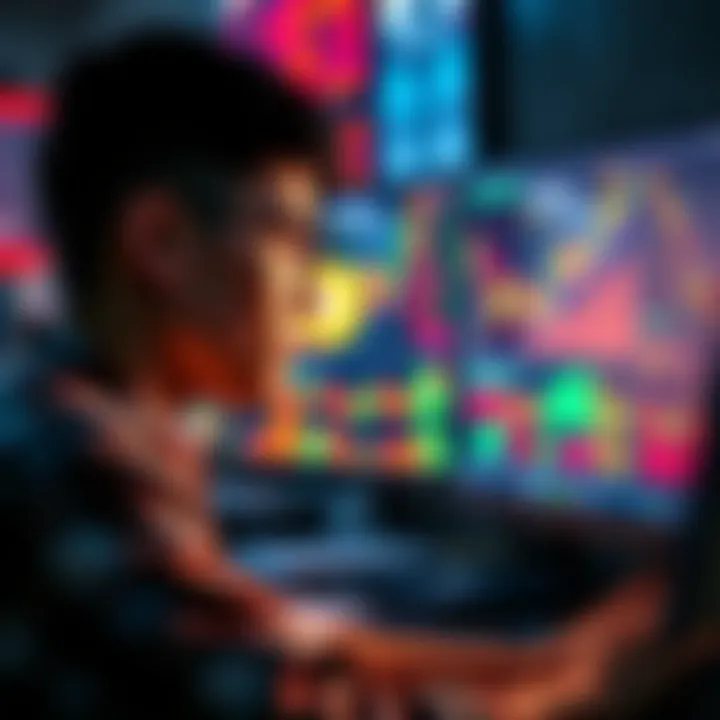 A young person looking at a computer screen displaying graphs of Bitcoin, Ethereum, and stock charts, symbolizing investment in cryptocurrency and stocks.