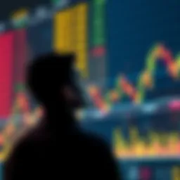 A person contemplating investment decisions while looking at a stock market graph showing fluctuations.