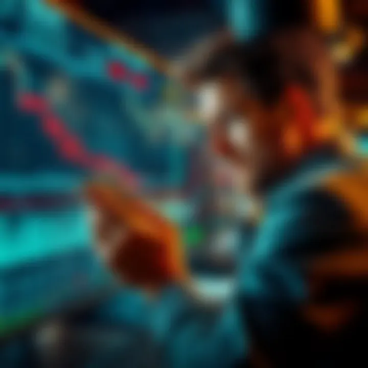 A worried investor looking at declining stock graphs on a screen while holding cash in hand