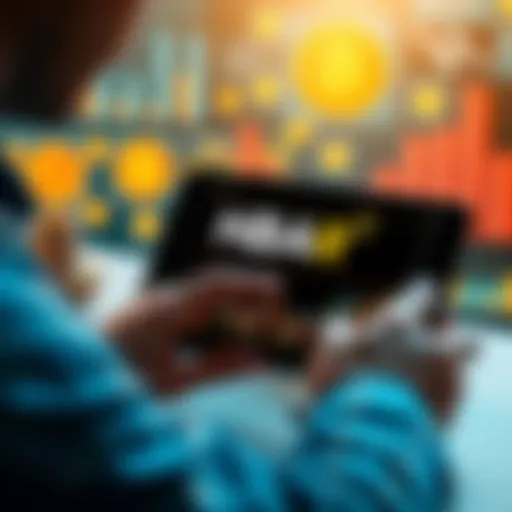 A person analyzing investment charts on a tablet with HBAR logo and cryptocurrency symbols in the background