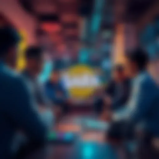 A group of people discussing the $AURA meme coin and its potential for growth in a casual setting.