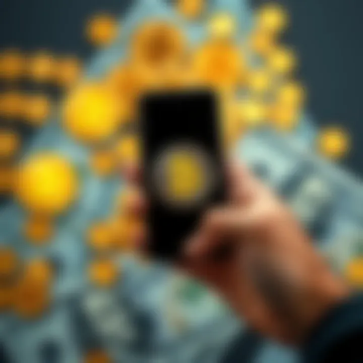 A person holding a smartphone displaying Bitcoin symbols, with coins and dollar bills in the background, suggesting small investments for beginners
