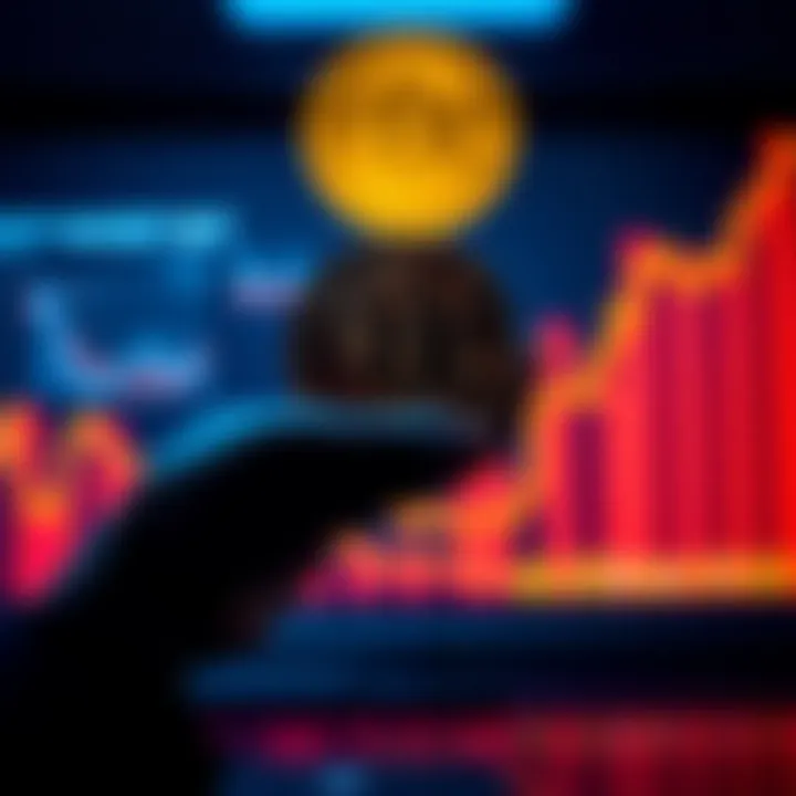 A person holding a Bitcoin symbol with graphs and charts in the background, representing investment growth.