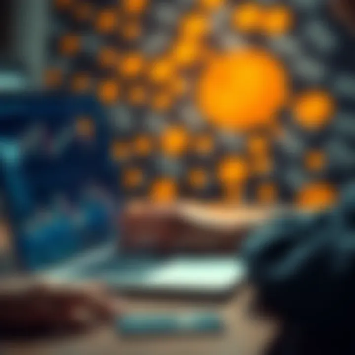 A person analyzing Bitcoin charts on a laptop with money graphics in the background