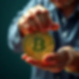 Person holding a Bitcoin symbol with cash in the background