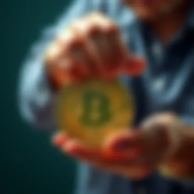 Person holding a Bitcoin symbol with cash in the background