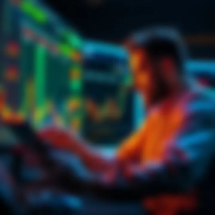 A person analyzing Bitcoin charts and deciding on investment amounts, representing Dollar-Cost Averaging strategy.