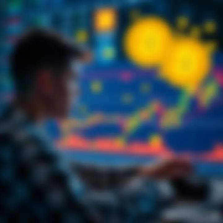 A person analyzing cryptocurrency charts and graphs with Bitcoin and altcoin symbols in the background.