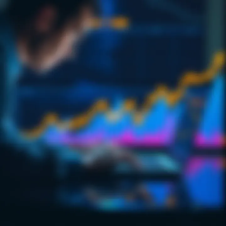 A person analyzing Bitcoin trends on a laptop, with rising graph lines in the background