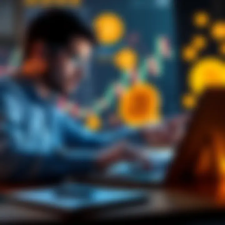 A person analyzing Bitcoin charts on a laptop with cryptocurrency symbols in the background.