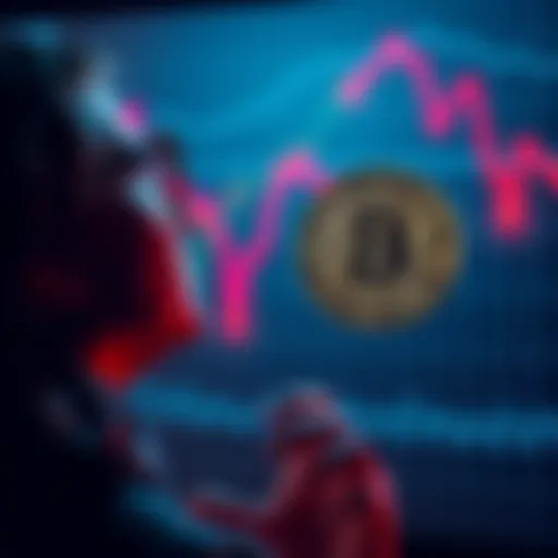 A person contemplating a $50 investment in Bitcoin during a market dip with a chart in the background showing downward trends.